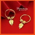 24K YELLOW GOLD GF TWIST BEAD BAND LEAF DROP SOLID HOOP SLEEPER EARRINGS GIFT