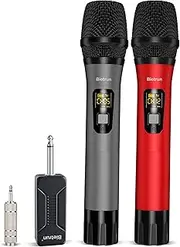 Bietrun Wireless Microphone, UHF Metal Dual Handheld Cordless Dynamic Mic System with Rechargeable Receiver, 1/4‘’Output, for Karaoke, Church, Speech, Wedding, Party Singing(160 ft Range)-Auto Connect