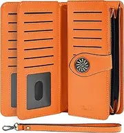 [Travelambo] Women's Wallet RFID Blocking Credit Card Holder Large Capacity Wristlet Leather Wallets Purse, Orange, Retro