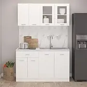 4 Piece White Kitchen Cabinet Set - Engineered Wood Storage Solution with Doors & Shelves, Modern Pantry Furniture, Includes Drawers & Closet Cabinets, Home Craft Organization Essentials