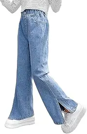 [Rolanko] Girls Jeans Bootcut Ripped Elasticated Waist Retro Style Denim Pants for Kids Fit