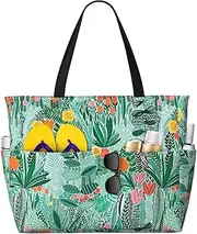 [Ghjkfbf] Tropical Flora Print Large Capacity Beach Travel Bag For Family, Beach Tote Bag For Women With Zipper Pockets, Black, One Size