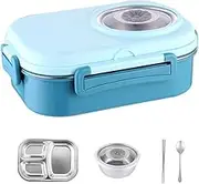 1pc Stackable Stainless Steel Bento Box for Kids and Adults - BPA-Free, 3 Compartment Lunch Container with Reusable Bowl and Cutlery, Fork & Spoon,Bule Bento Lunchbox (Blue)