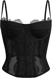 [Dealmore] Womens Summer Lace Bustier Mesh Sexy Vintage Spaghetti Strap Open Back Boned Corset Going Out Party Crop Top