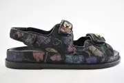 Chanel 21A Black Denim Graffiti CC Logo Mule Slide Strap Flat Dad Sandal 35.5