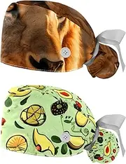 [YTYVAGT] 2-Pc,Nurse Scrub Caps,Scrub Hats with Buttons and Cotton Sweatband,African Brown Lion