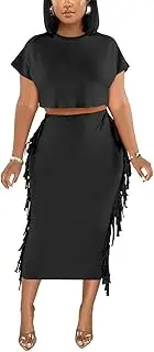 [LUXRUB] 2024 Women's Fashion 2 Piece Outfits Round Neck Fringe Short Sleeve Crop Top and Tassel Trim Bodycon Midi Skirt Set (Color : Black, Size : XX-Large)