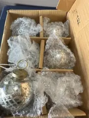 VTG Restoration Hardware Mirror Silver Crackle Glass Kugel Style Ornaments 6 Ct