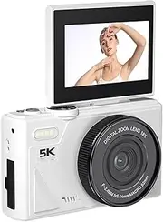 Jiawu Digital Camera for Photography, 5K 75MP Autofocus Vlogging Camera, 3in 180° Flip Screen 18X Digital Zoom Compact Travel Cameras with Flash, 1150mAh Battery for YouTube (White)