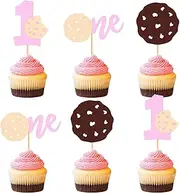 Ercadio 24 PCS Cookies Cupcake Toppers Cookie One Cupcake Picks Pink 1st Cookies for Breakfast Theme Baby Shower Kids Birthday Party Cake Decoration Supplies