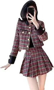 [Generic] Women Tweed Short Coat+Mini Skirt Two Piece Sets
