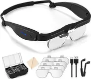 Lighted Magnifier, Rechargeable Head Mount Magnifier, 1.5x to 5.0x Lighted Magnifier with 4 Detachable Lenses, Hands-Free Magnifying Headset for Close