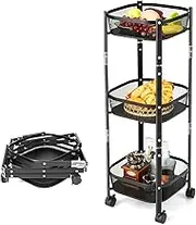 Giantex Foldable 3-Tier Utility Rolling Cart, One-Second Folding Metal Fruit Vegetable Storage Basket Stand with Wheels, No Assembly Required, Multifunctional Storage Organizer Trolley for Kitchen, Dining Room (Square Shape)