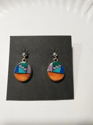 Native American Sterling and Multi Stone & shell signed Inlay Earrings