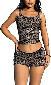 [RISCUYY] Women's Two Piece Lounge Set Leopard Print Knit Halter Top and High Waisted Shorts Pants Summer Matching Sets