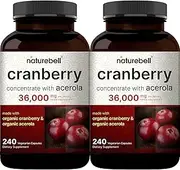 Organic Cranberry Whole Fruit Concentrate, 90 Capsules, Equivalent to 36,000mg of Fresh Cranberries, Strongly Supports Urinary Tract Cleanse, Kidney and Bladder Health (2 Packs)