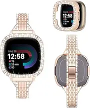MOFREE Compatible for Fitbit Versa 4 Bands/Fitbit Sense 2 Bands Women with Hard Bling Bumper Protective Case Cover, Dressy Jewelry Diamond Rhinestone Metal Wristband for Fitbit Versa 4/Sense 2