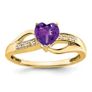 14K Yellow Gold Amethyst and Real Diamond Heart Ring