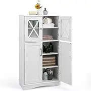 Bathroom Storage Cabinet, Linen Storage Cabinet with Doors and Adjustable Shelves, Freestanding Floor Cabinet for Bathroom Living Room Entry Kitchen Office, 60 cm x 30 cm x 108 cm, White