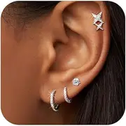 [Juvux] Silver Earring Stacks for Women Men 925 Sterling Silver Hoop & Stud Earring Set for 3 or 4 Piercings including 2 Huggie Earrings and 2 Shiny Posts Trendy Cubic Zirconia Cartilage Jewelry Gift,