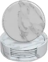 Coasters for Drinks 6 Piece with Holder Marble Texture Round Cup Mat Pad Set of Home and Kitchen Use (Marble White)