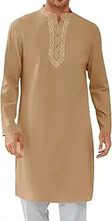 [Runcati] Mens Kaftan Thobe Button Down Casual Henley Shirts Long Sleeve Robe Cotton Linen Muslim Gown Shirt
