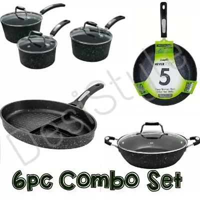 Scoville BLACK Coat 6PC SET Saucepan Wok Frying GRID Pan Shallow Casrol NONSTICK