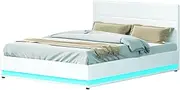 Artiss Queen Bed Frame Platform Headboard RGB LED Gas Lift Beds Base with Storage Space Frames Bedroom Room Decor Home Furniture, Upholstered with White PVC Leather + Foam + Wood