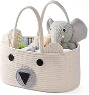 Baby Diaper Caddy Organizer，Baby Nursery Storage with Removable Dividers and Sturdy Handles, Cute Bear Basket, Cotton Rope Baby Basket, Portable Diaper Storage Basket