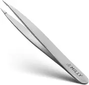 By MILLY Pointed Tweezers | High Carbon Stainless Steel Needle Nose | Fine Point Precision Hair Removal | Perfectly Aligned & Hand-Filed Sharp | Silver