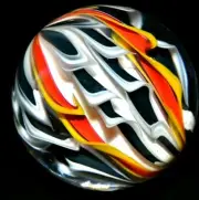 FRITZ LAUENSTEIN GLASS MARBLE/1.647"-CROWN 9 CANE FILIGRANA-CHERRY,GOLDENROD,BLK
