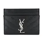 YSL MONOGRAM系列V字縫線魚子醬牛皮金釦名片夾(銀/黑)