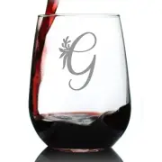 Monogram Floral Letter G - Stemless Wine Glass - Standard, Transparent