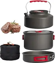 3Pcs Camping Cookware Mess Kit, Non-Stick Lightweight Cooking Set, 1 Large Pot, 1 Frying Pan, 1 1.1L Kettle with Storage Mesh Bag, Foldable, Heat-Insulated and Scald-Proof, for Picnics