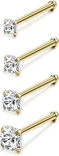 [FASHGOOD] 4Pcs 14K Gold Plated Nose Stud 20G Surgical Steel Nose Ring Stud 1.5-3mm Round CZ Straight Bend Screw L Shaped Nose Studs Gold Nose Piercing Jewellery Hypoallergenic