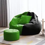 FUSION WORLD BRAND - XXXXL Faux Leather Multicolour Bean Bag Chair with Stool & Cushion Ready to Use Filled with Beans (Green Black)