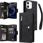 YocoverTech for iPhone 12 Case,for iPhone 12 Pro Wallet Case[6 Card Slots and 1 Zipper Coin Pocket] PU Leather Stand Flip Cover with Wrist Strap[6.1 inch]-Black