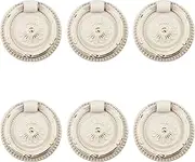6 Pcs White Drawer Pull Rings Metal Cabinet Ring Handles with Round Floral Relief Plate Decorative Furniture Dresser Pulls with Mounting Screws