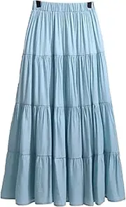 [Generic] Women's 2024 Cotton Linen Elastic High Waist Tiered Boho Pleated Maxi Skirt Casual Drawstring A Line Flowy Long Skirts