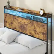 Advwin Queen Size Storage Headboard with LED Light Charging Station Height Adjustable Rustic Brown