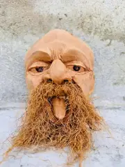 Unique Handcrafted Wooden Tribal Face Mask with Coconut Fiber Beard – Authentic