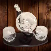 Whiskey Wine Decanter Globe World Set with 2 Etched Glasses for Liquor Scotch