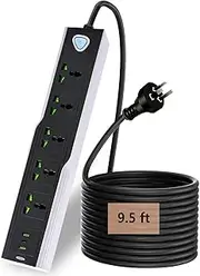 Power Strip with 5 AC Outlets AU Power Board with 2 USB and 1 USB C Charging Ports, 2500W/10A, 525 Joules, 2.9M Long Extension Cord for Home, Office, Hotel, Black (2.9M Cable)