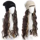 Warm Cap Knitted Hat Wig Highlight Long Body Wavy Hair Daily Use