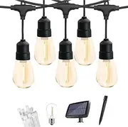 JESLED Solar Lights Outdoor, 33ft 2700K Warm White Party Festoon String Light with S14 12+1 LED Bulbs IP65, USB Solar Charging with 4 Light Mode Hanging Decorative String Lamp for Patio Garden Balcony