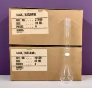 Vintage Kimax 30 mL KJELDAHL Flasks, 27400-30, Lab Glass, Apothecary, Box/6, NOS
