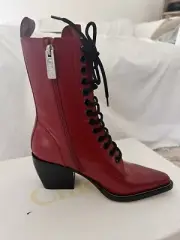 CHLOE Rylee Red Patent Leather Pointed Cuban Heel Lace Up Ankle Boots 37