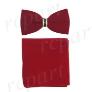 New formal men's pre tied velvet Bow tie & Pocket Square Hankie solid Red