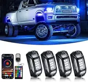 4 Pods RGB LED Rock Lights 5 Sides with APP/RF Remote Control IP68 Waterproof Underglow Multicolor Zone Neon Exterior Rock Lights 12V for Trucks Jeep UTV ATV Golf Cart RZR Offroad Pickup SUV