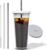 Reusable Iced Coffee Cup (24 Oz/Venti), Leak Proof and Double Wall Insulated Iced Coffee Tumbler, Come with Reusable Plastic and Metal Straws and Straw Cleaner